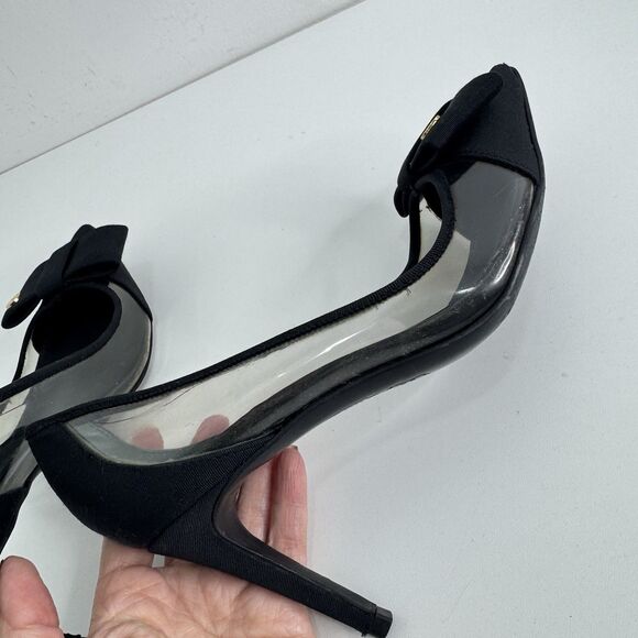 Tory Burch Black Aimee Grosgrain Fabric Pumps Heels Bow Pointed Logo Charm 7 - Picture 10 of 12